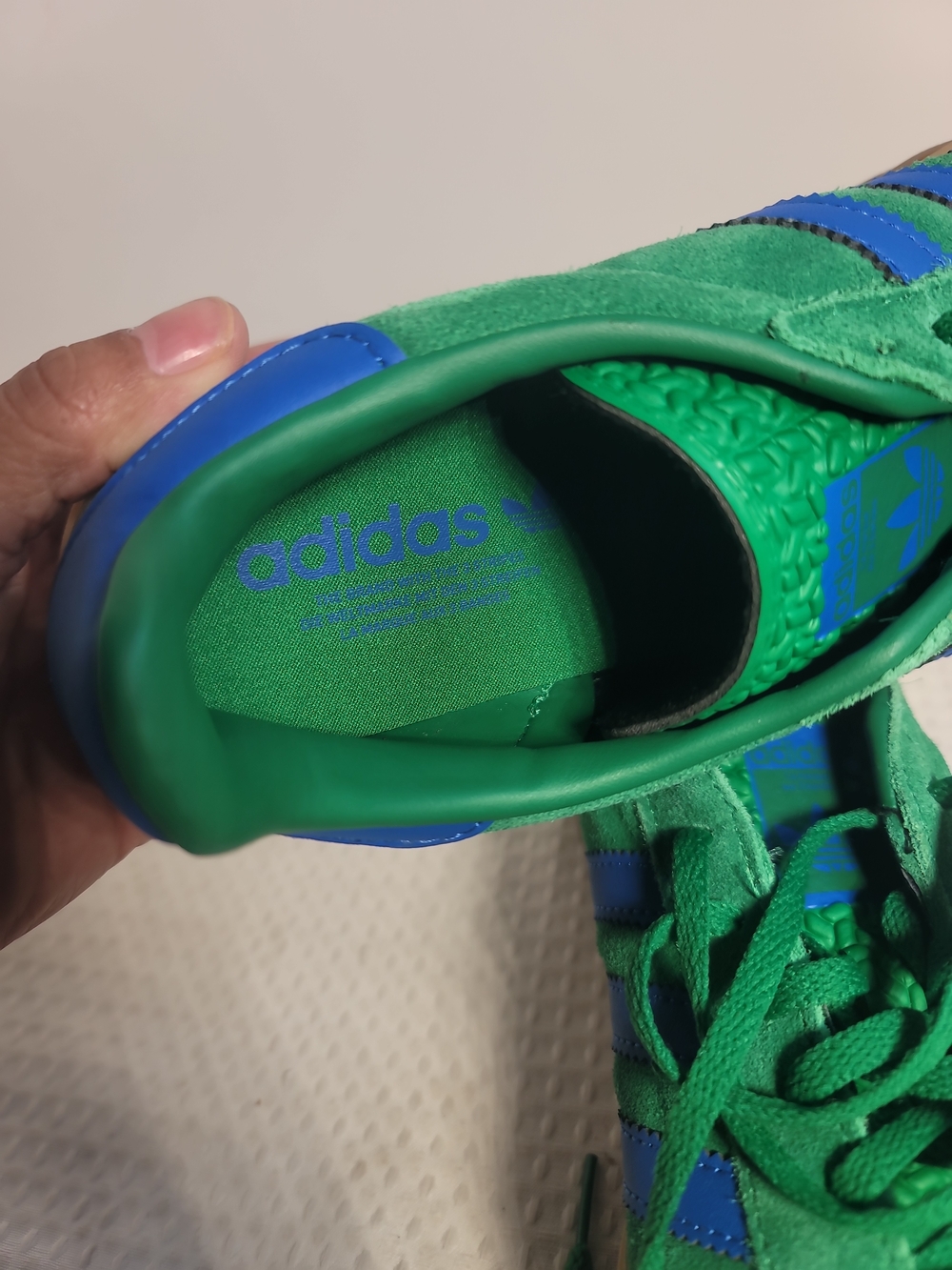 adidas Gazelle Green Suede Sneakers with Blue Stripes and Gum Sole - Picture 4 of 7